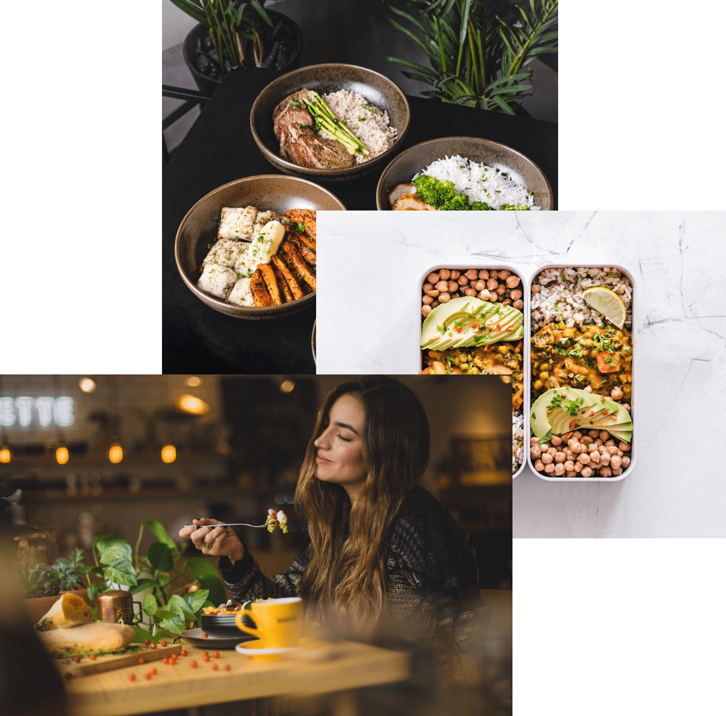 Women enjoying food, meals in storege containers, and food bowls on a table
